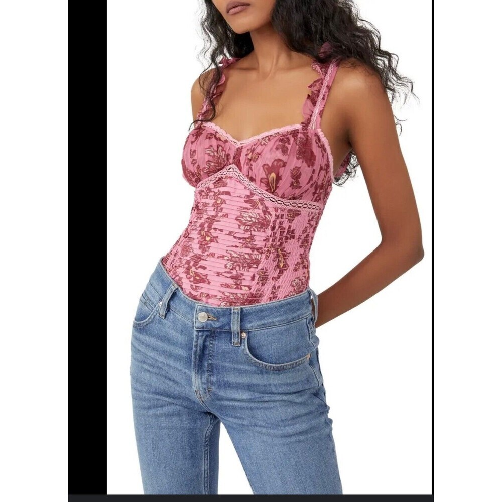 FREE PEOPLE Womens Small Weekend Plans Bodysuit In Hot Pink Combo Floral New